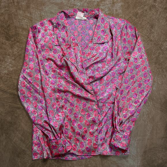 Tess Paris Milano Vintage 80s Satin Paisley Wrap Blouse Pink Purple Women's 6 - Picture 1 of 9